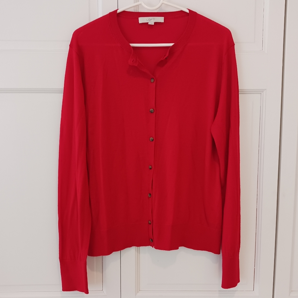 LOFT Women's Red Button-Front Cardigan Sweater